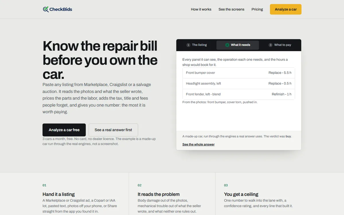 The CheckBids homepage: 'Know the repair bill before you own the car,' showing an itemized repair estimate for a sample car