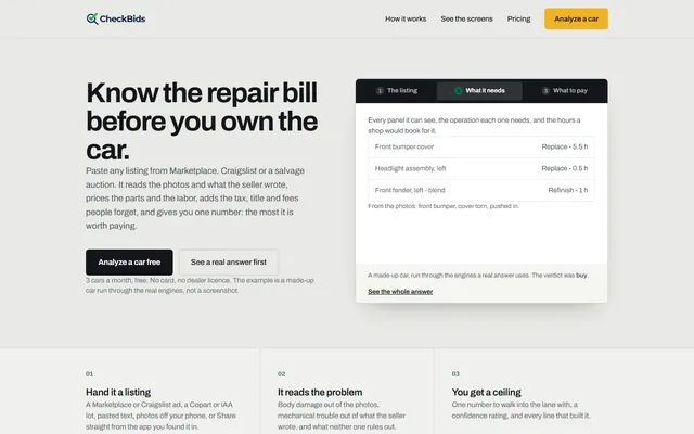 The CheckBids homepage: 'Know the repair bill before you own the car,' showing an itemized repair estimate for a sample car