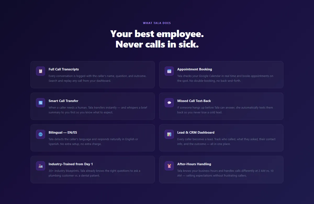Tala's feature grid: full call transcripts, appointment booking, smart call transfer, missed-call text-back, bilingual English and Spanish, lead and CRM dashboard, industry training, after-hours handling
